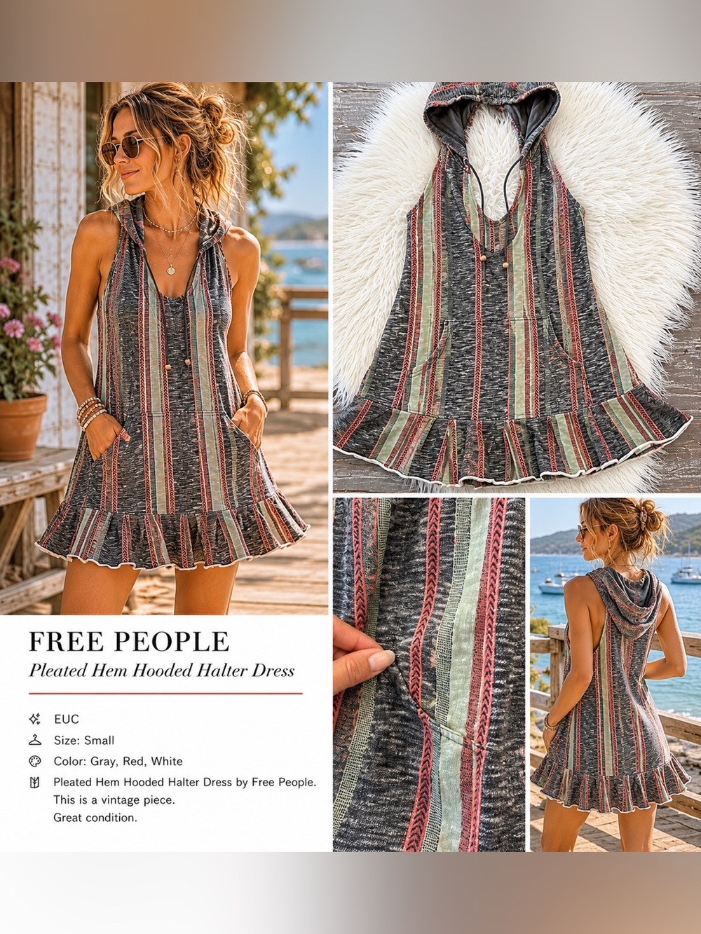 Free People Pleated Hem Hooded Halter Dress Small Boho Festival Mini Dress